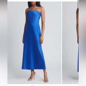 Wayf Blue Satin Strapless Maxi Dress
